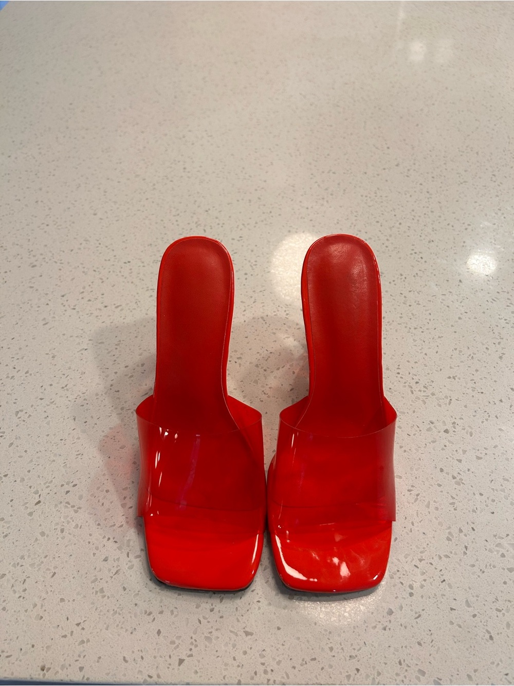 Red Clear Strap Heart Shaped High Heel Mule - Women
